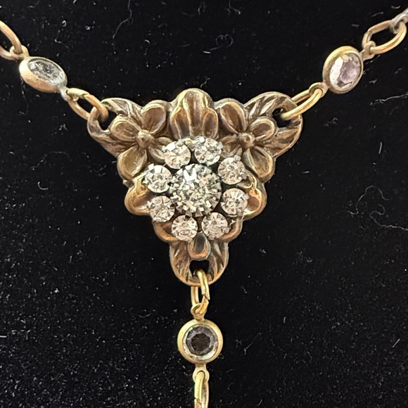 Kenny Ma Ornate Drop Necklace Dark Brass Patina with Clear Crystal Stones - Picture 3 of 8